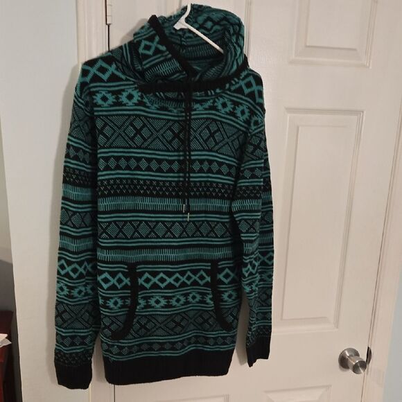 Black Teal Patterned Women's Cowl Sweater - Picture 2 of 7